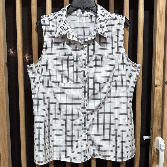 Notations Shirt Plus 2X White Black Windowpane Plaid Sleeveless Button Front - Picture 1 of 8